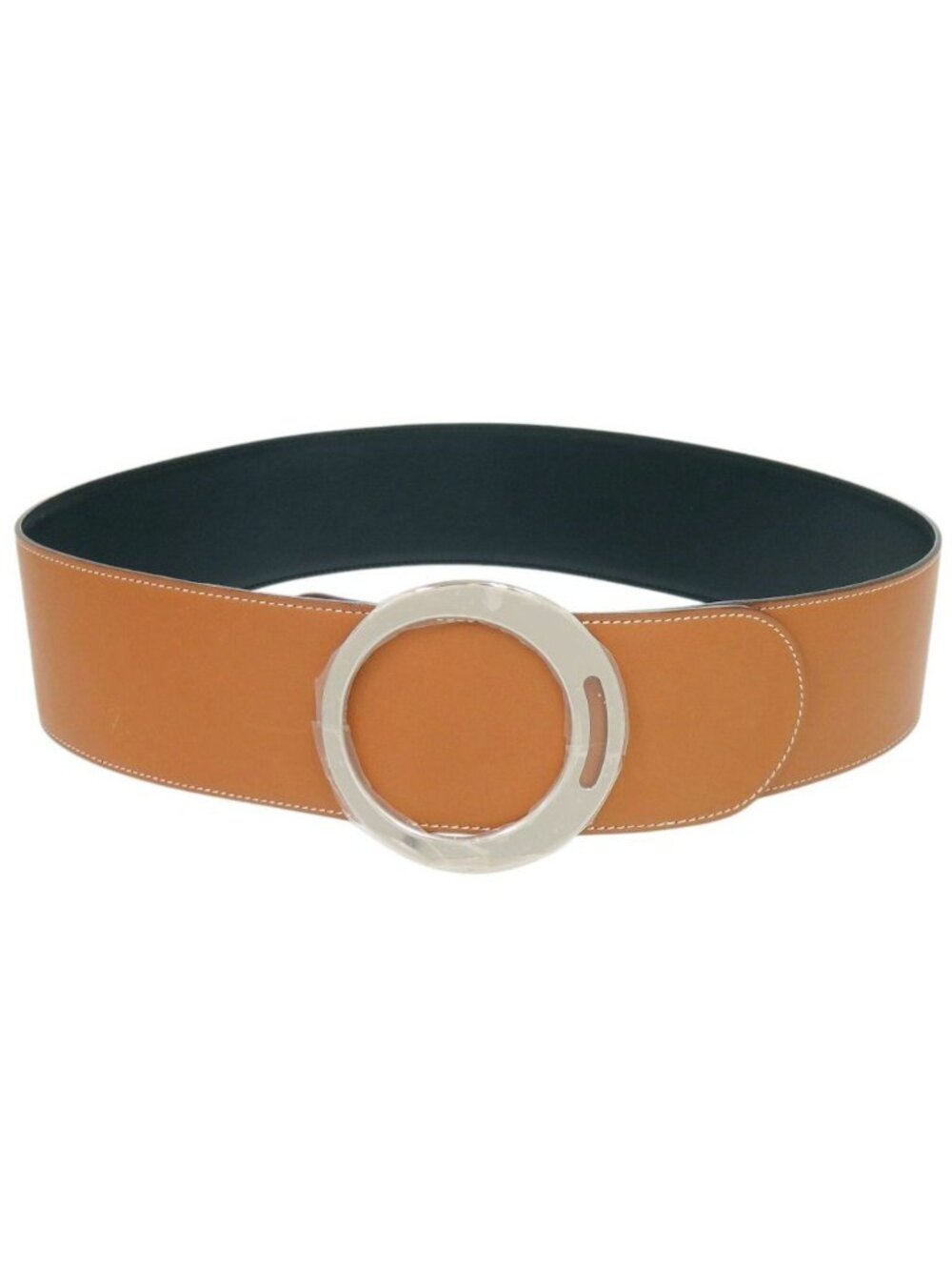 Hermes Round Buckle Leather Brown Silver Belt